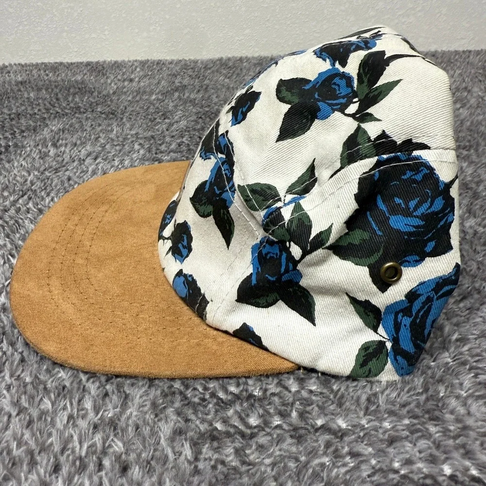 EMPYRE Blue Rose Floral Print 5 Panel Cap White Brown Suede Brim Strapback